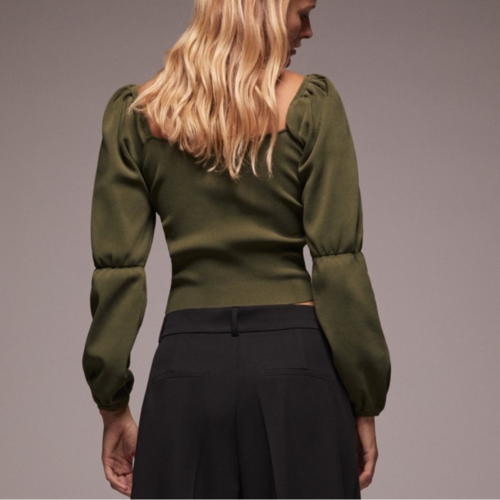 Zara Olive Green Puff Sleeve Crop Blouse Size M - Picture 3 of 12